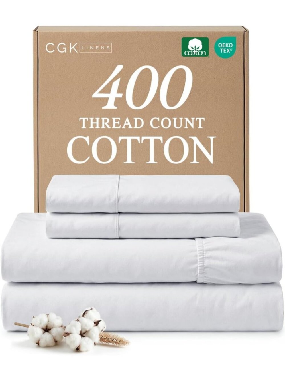 Queen 4-Piece 100% Cotton Sheet Set - Soft 400 Thread Count Sateen - White